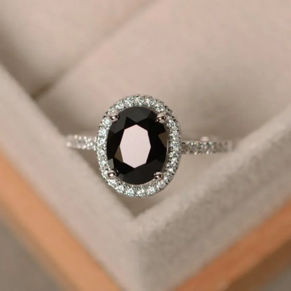 *NEW Silver Black Onyx Diamond Halo Oval Cut Ring